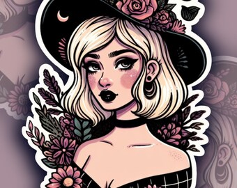 Little blonde alternative witch, Pink flowers, Moon, Witches hat, Halloween vibes, Floral punk witch, Celestial witch in a witch hat sticker