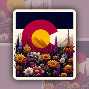 Colorado flag sticker, mountain and wildflowers sticker, nature inspired colorado flower decal, Mountains and flowers, Colorado flag sticker