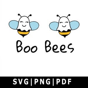 May include: Two cartoon bees with ghost faces and the text "Boo Bees" below. The bees are yellow and black with blue wings.