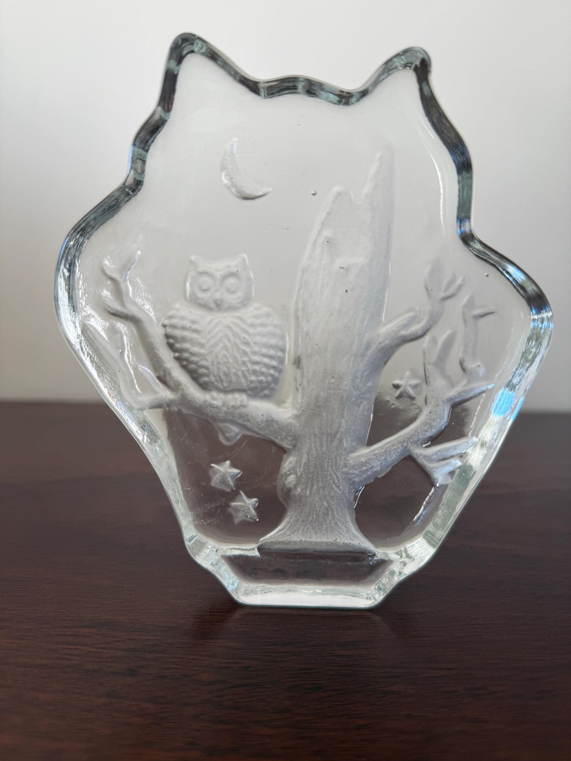 Vintage Etched Glass Owl in Tree Sculpture Paperweight