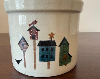 Vintage Robinson Ransbottom Low Stoneware Crock, Birdhouses Primitive, Roseville, OH - Granny Core