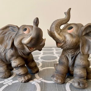 Set of 2 Vintage Ceramic Bisque Elephants - Trunks up for Good Luck!