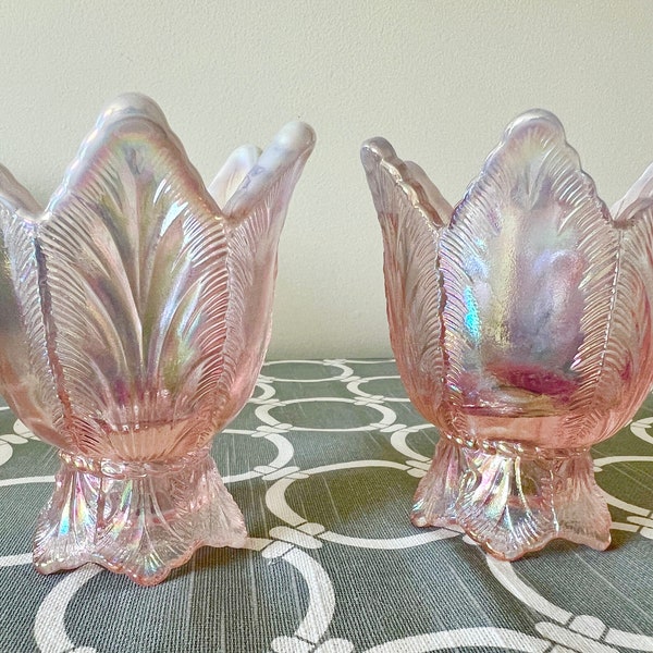 Pair of Vintage Fenton Two-Way Candle Holders Pink Carnival Iridescent Opalescent
