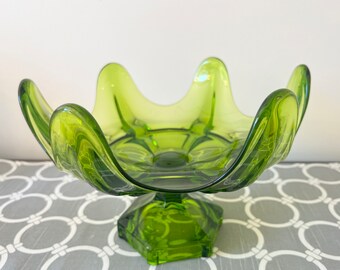 Vintage Viking Glass Epic Six Petal Column Ribbed Avocado Green Footed Compote - 10"