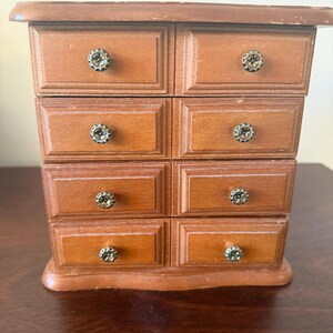 Vintage Wooden Mini 8-Drawer Jewelry Chest | Small Apothecary Style Storage Box | Brass Tone Floral Knobs | Trinket Organizer