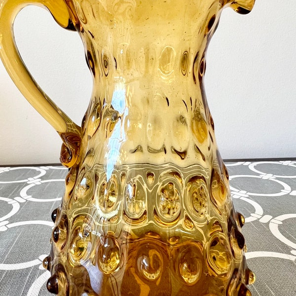 Vintage Hand-Blown Empoli Golden Amber Glass Hobnail Pitcher