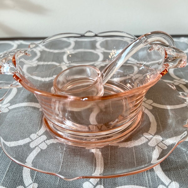 Vintage Imperial Pink Depression Glass Mayonnaise Bowl, Underplate, and Spoon