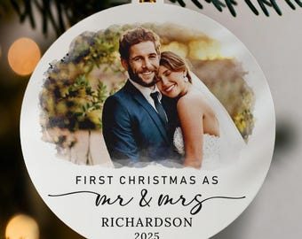 Personalized First Christmas Mr. & Mrs. Ornament, Watercolor Portrait Married Ornament, Our First Christmas Married Ornament, Xmas Keepsake