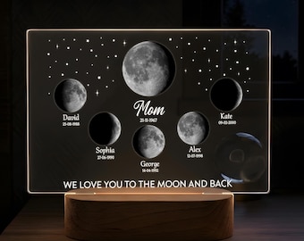 Custom Moons Phase LED Night Light, Personalized Moons Phase with Kids Names, Mothers Day Gifts, Mom Night Light, Grandma Gift from Kids