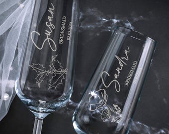 Bridesmaids Glasses, Personalized Bridesmaid Champagne Flutes, Bachelorette Party Champagne Glasses, Bridesmaid Gifts, Wedding Party