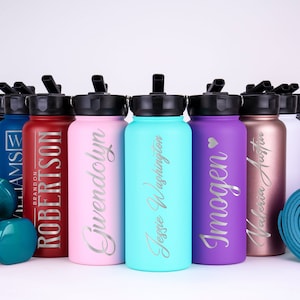 Personalized Water Bottle with Straw Lid, Name Water Bottle, Custom Engraved Water Bottle, Gifts for Her, Him, Personalized Gifts
