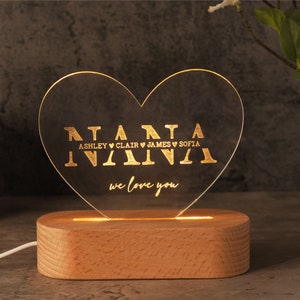 May include: A heart-shaped LED night light with the word "NANA" in gold lettering, along with names and the phrase "we love you." The light sits on a rectangular wooden base. The light is plugged in with a white cord.