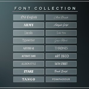 May include: A collection of 16 different font names displayed on a dark blue background. The font names are displayed in a variety of styles, including script, sans serif, and serif.
