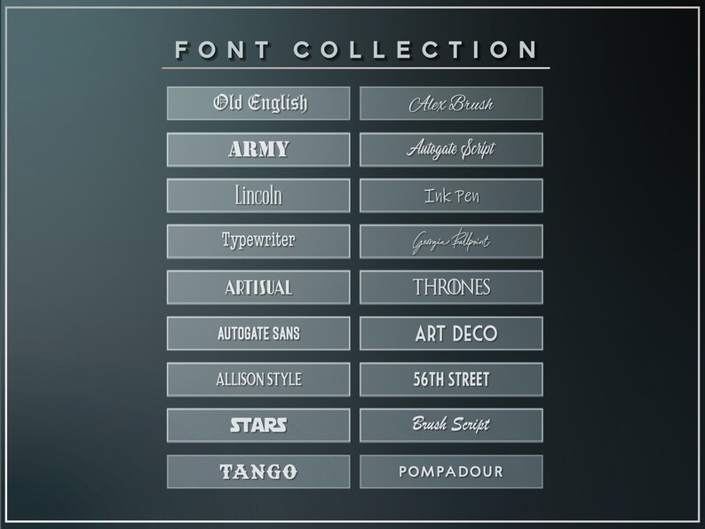 May include: A collection of 16 different font names displayed on a dark blue background. The font names are displayed in a variety of styles, including script, sans serif, and serif.