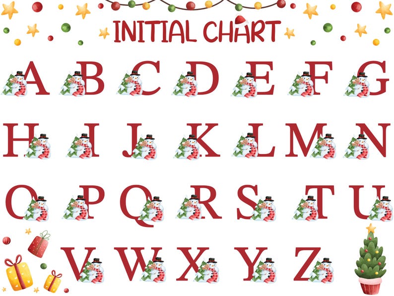 May include: A red alphabet chart with a snowman holding a Christmas tree for each letter. The chart is decorated with green and red ornaments, yellow stars, and a string of lights.