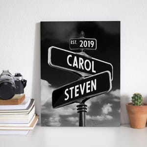 Op de afbeelding: Zwart-witfoto van twee straatnaamborden met de namen "CAROL" en "STEVEN" erop. De borden zijn gemonteerd op een paal met een kleiner bord erboven dat "EST. 2019" zegt.