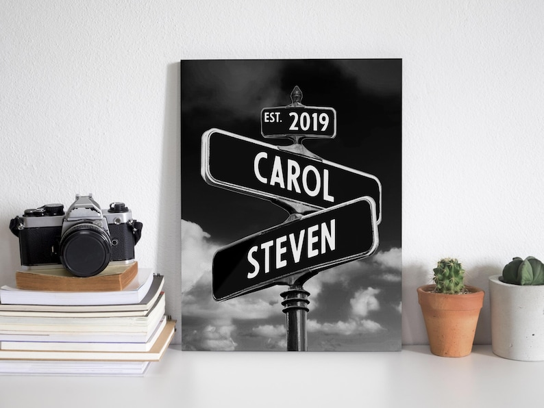 Op de afbeelding: Zwart-witfoto van twee straatnaamborden met de namen "CAROL" en "STEVEN" erop. De borden zijn gemonteerd op een paal met een kleiner bord erboven dat "EST. 2019" zegt.