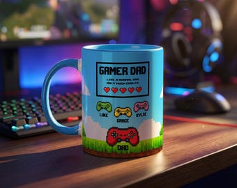 Gamer Dad Mug, Personalized Father's Day Mug Custom Video Game Cup Retro 8-Bit Coffee Mug Controller Mug Kids Names Personalized Husband Cup