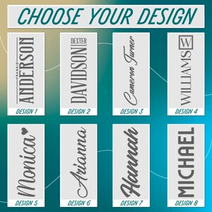 K&ouml;nnte beinhalten: Acht verschiedene Designoptionen f&uuml;r ein personalisiertes Namensschild. Die Designs zeigen verschiedene Schriftstile und Layouts, darunter ein Herz, ein Quadrat und ein vertikales Layout. Der Text "W&auml;hlen Sie Ihr Design" befindet sich oben im Bild.