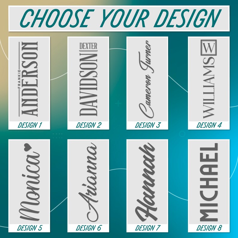 K&ouml;nnte beinhalten: Acht verschiedene Designoptionen f&uuml;r ein personalisiertes Namensschild. Die Designs zeigen verschiedene Schriftstile und Layouts, darunter ein Herz, ein Quadrat und ein vertikales Layout. Der Text "W&auml;hlen Sie Ihr Design" befindet sich oben im Bild.