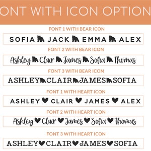 May include: Image showcasing font options with bear and heart icons. The text includes names like Sofia, Jack, Ashley, and James, presented in various font styles. The phrase "FONT WITH ICON OPTIONS" is at the top.