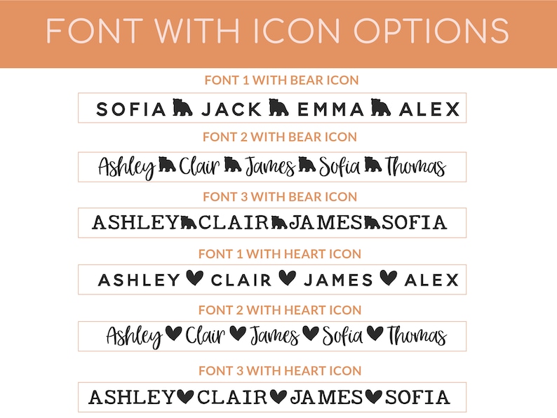 May include: Image showcasing font options with bear and heart icons. The text includes names like Sofia, Jack, Ashley, and James, presented in various font styles. The phrase "FONT WITH ICON OPTIONS" is at the top.