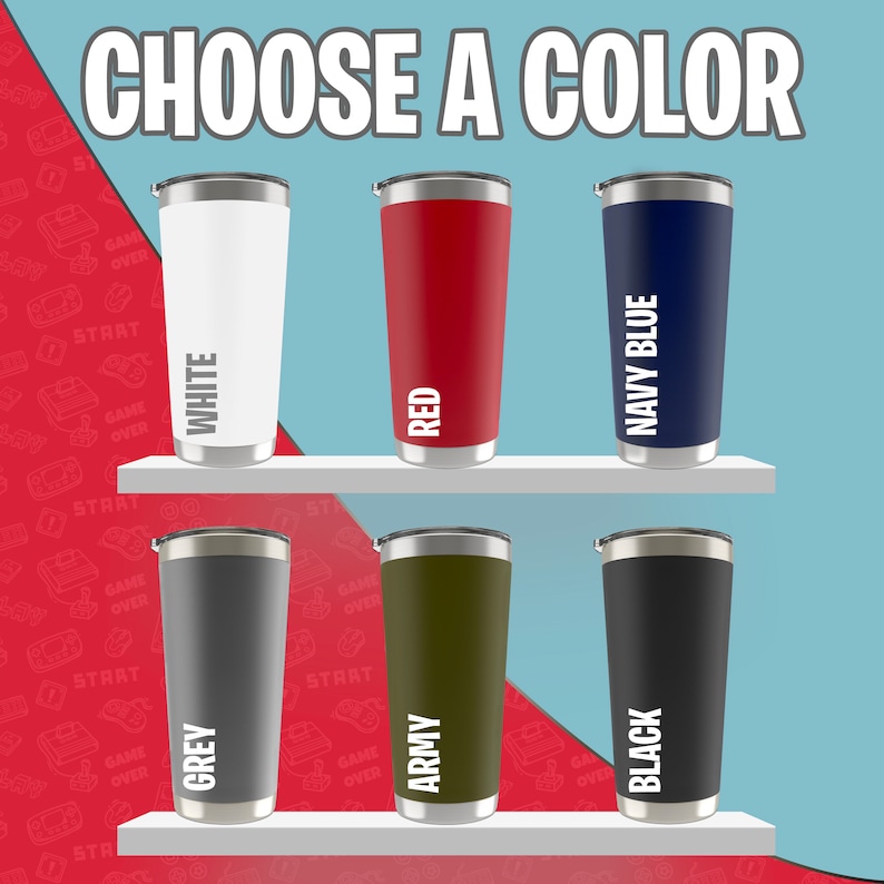 May include: Six stainless steel tumblers in different colors: white, red, navy blue, grey, army green, and black. Each tumbler has a white label with the color name printed on it.