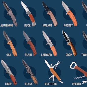 May include: A collage of different types of pocket knives with various handle materials, including wood, aluminum, and fiber. The knives are displayed on a blue background with the text "CHOOSE YOUR KNIFE" in white.