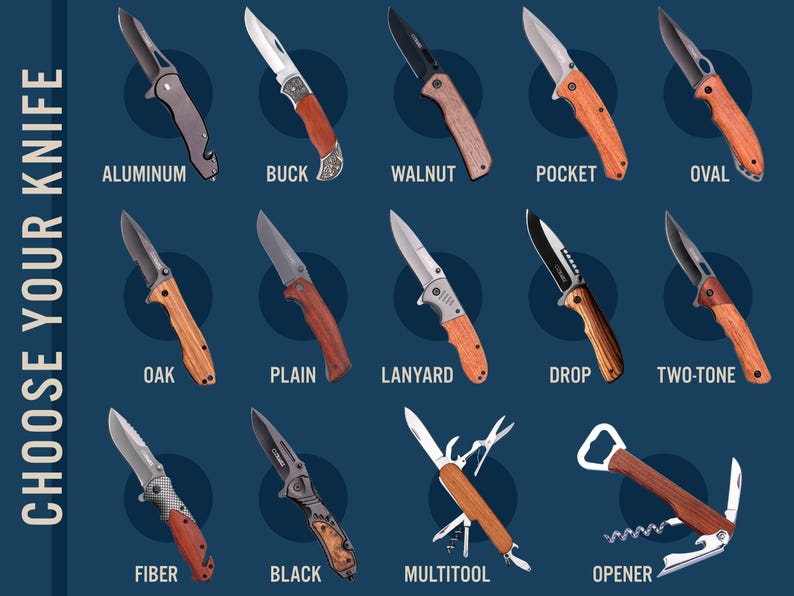 May include: A collage of different types of pocket knives with various handle materials, including wood, aluminum, and fiber. The knives are displayed on a blue background with the text "CHOOSE YOUR KNIFE" in white.