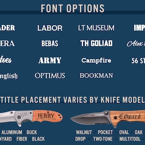 May include: A graphic showing different font options for a personalized knife. The image shows two knives with the names "Jerry" and "Edward" engraved on the wooden handles. The image also shows a list of font options, including "Kleader", "Labor", "Lt Museum", "Impact", "Lumeria", "Bebas", "Th Goliad", "Alex Brush", "Kaktoes", "Army", "Campfire", "56 Street", "Old English", "Optimus", and "Bookman".