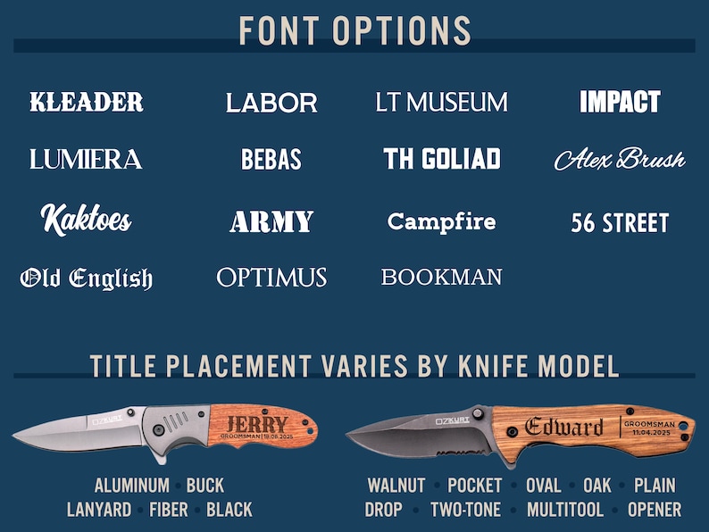 May include: A graphic showing different font options for a personalized knife. The image shows two knives with the names "Jerry" and "Edward" engraved on the wooden handles. The image also shows a list of font options, including "Kleader", "Labor", "Lt Museum", "Impact", "Lumeria", "Bebas", "Th Goliad", "Alex Brush", "Kaktoes", "Army", "Campfire", "56 Street", "Old English", "Optimus", and "Bookman".