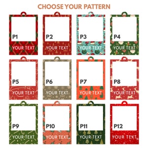K&ouml;nnte beinhalten: Zw&ouml;lf verschiedene Weihnachtsmotive f&uuml;r druckbare Geschenkanh&auml;nger. Jedes Muster zeigt ein anderes Design, darunter Karos, Schneeflocken, Rentiere und Weihnachtsb&auml;ume. Der Text "YOUR TEXT" erscheint unter jedem Muster.
