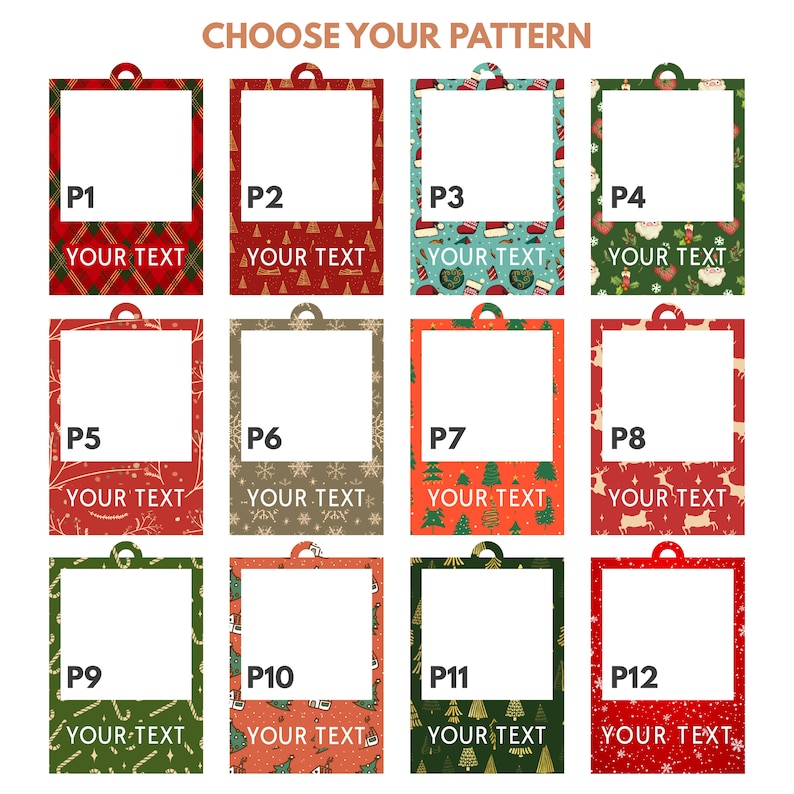 K&ouml;nnte beinhalten: Zw&ouml;lf verschiedene Weihnachtsmotive f&uuml;r druckbare Geschenkanh&auml;nger. Jedes Muster zeigt ein anderes Design, darunter Karos, Schneeflocken, Rentiere und Weihnachtsb&auml;ume. Der Text "YOUR TEXT" erscheint unter jedem Muster.
