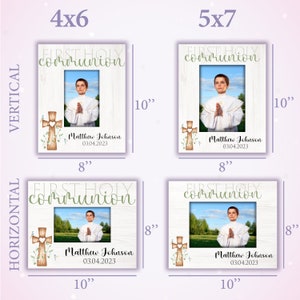 May include: A white wooden picture frame with a green and white floral design and a cross. The frame is 4 inches by 6 inches or 5 inches by 7 inches. The frame has a white background with the words "FIRST HOLY communion" in green and white lettering. The frame has a space for a photo and a space for a name and date. The frame is perfect for a first communion gift.