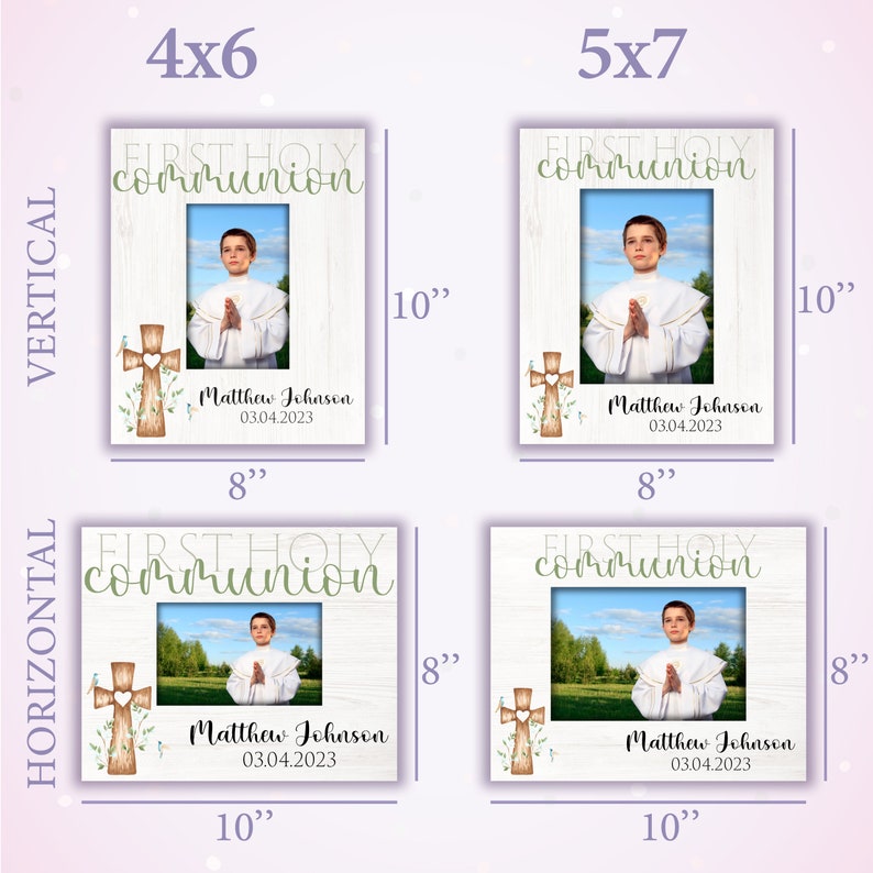 May include: A white wooden picture frame with a green and white floral design and a cross. The frame is 4 inches by 6 inches or 5 inches by 7 inches. The frame has a white background with the words "FIRST HOLY communion" in green and white lettering. The frame has a space for a photo and a space for a name and date. The frame is perfect for a first communion gift.