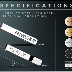 May include: Silver tie bar with a personalized engraving that reads "PETERSON" and "We Love You! 07.07.2024". The tie bar is 2 inches long and 0.32 inches wide. The tie bar is available in rose gold, gold, silver, and black.