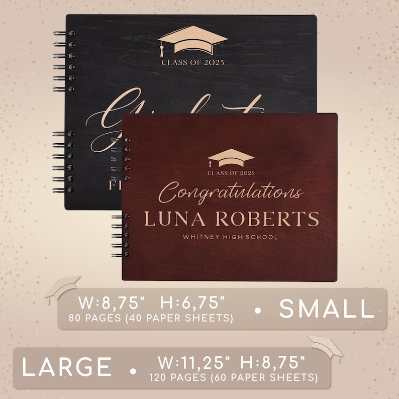 May include: Two graduation photo albums, one black and one burgundy, with gold lettering. The smaller album is 8.75 inches wide by 6.75 inches high and has 80 pages. The larger album is 11.25 inches wide by 8.75 inches high and has 120 pages. Both albums feature a graduation cap and the text "Class of 2025".