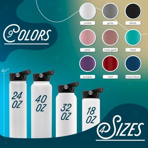 K&ouml;nnte beinhalten: Ein Set aus vier Edelstahl-Wasserflaschen in verschiedenen Gr&ouml;&szlig;en: 18 oz, 24 oz, 32 oz und 40 oz. Die Flaschen sind in Wei&szlig; mit schwarzen Deckeln dargestellt. Das Bild zeigt auch neun verschiedene Farboptionen f&uuml;r die Flaschen: Wei&szlig;, Grau, Schwarz, Rosa, Ros&eacute;gold, T&uuml;rkis, Lila, Rot und Marineblau.