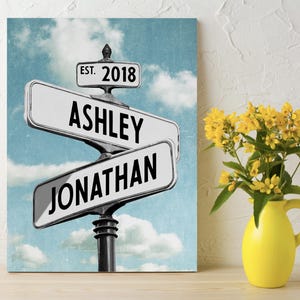 Op de afbeelding: Een canvas print met een vintage straatnaambordontwerp. Het bord heeft de tekst "Ashley" en "Jonathan" met "EST. 2018" op een kleiner bord erboven. De achtergrond is een blauwe lucht met witte wolken.