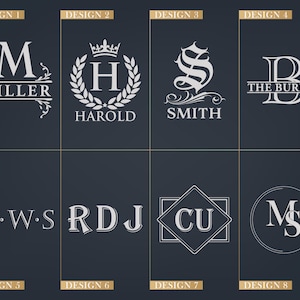 May include: Eight different monogram designs for a personalized logo. The designs feature various fonts, styles, and layouts, including a crown, a wreath, and a diamond shape.