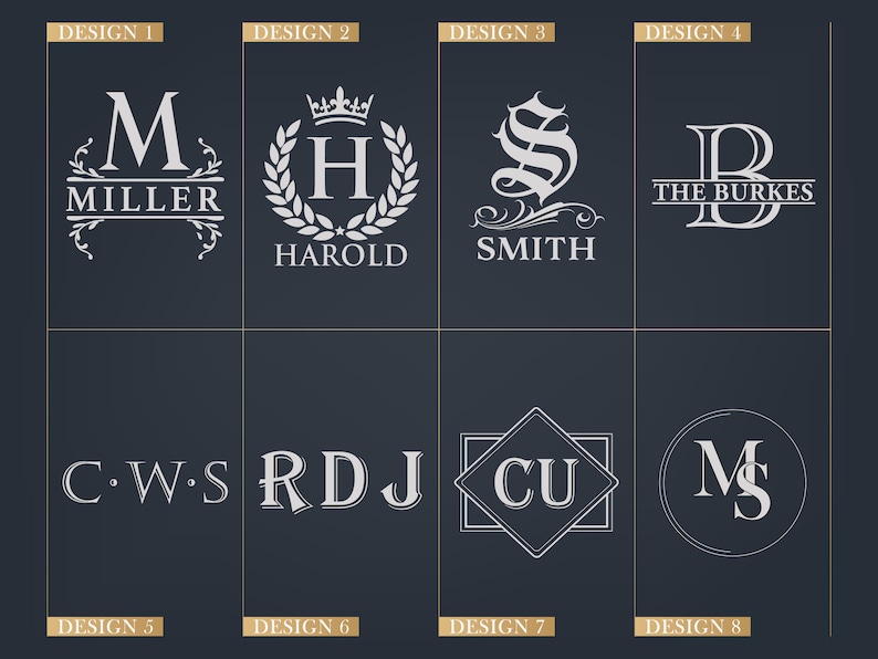 May include: Eight different monogram designs for a personalized logo. The designs feature various fonts, styles, and layouts, including a crown, a wreath, and a diamond shape.