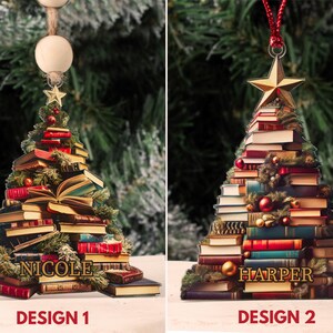 May include: Two Christmas tree ornaments shaped like a stack of books. The first ornament is decorated with the name "Nicole" and the second ornament is decorated with the name "Harper".