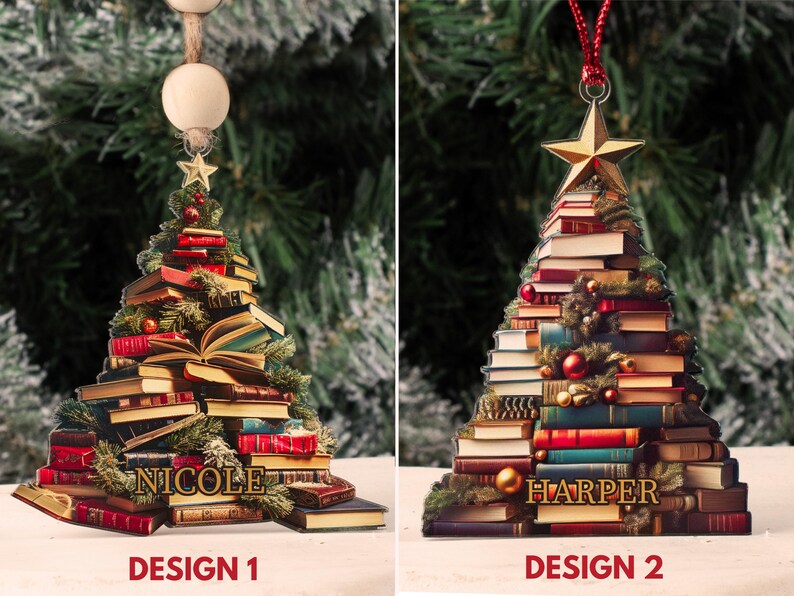 May include: Two Christmas tree ornaments shaped like a stack of books. The first ornament is decorated with the name "Nicole" and the second ornament is decorated with the name "Harper".