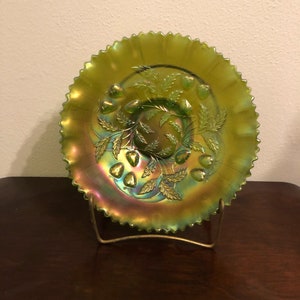 Antique 1900’s Northwood Strawberry iridescent green carnival glass bowl double pattern basket weave bottom / raised strawberries on front