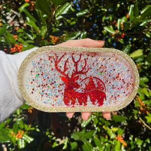 Holiday Rolling Tray, Christmas Reindeer, Gold Edges + Red and Green Sparkles