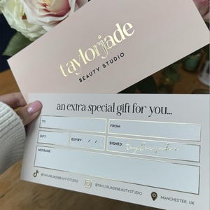 Chèques cadeaux personnalisés en feuille d'or ou d'argent pour les entreprises de beauté, les académies de formation - Ongles | Cils | Cheveux | Salons de coiffure | Esthétique