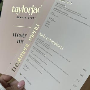 Custom Branded Gold/Silver foil Price lists/Treatment menus for beauty business, training academies - Nails|Lashes|Hair| Salons | Aesthetics