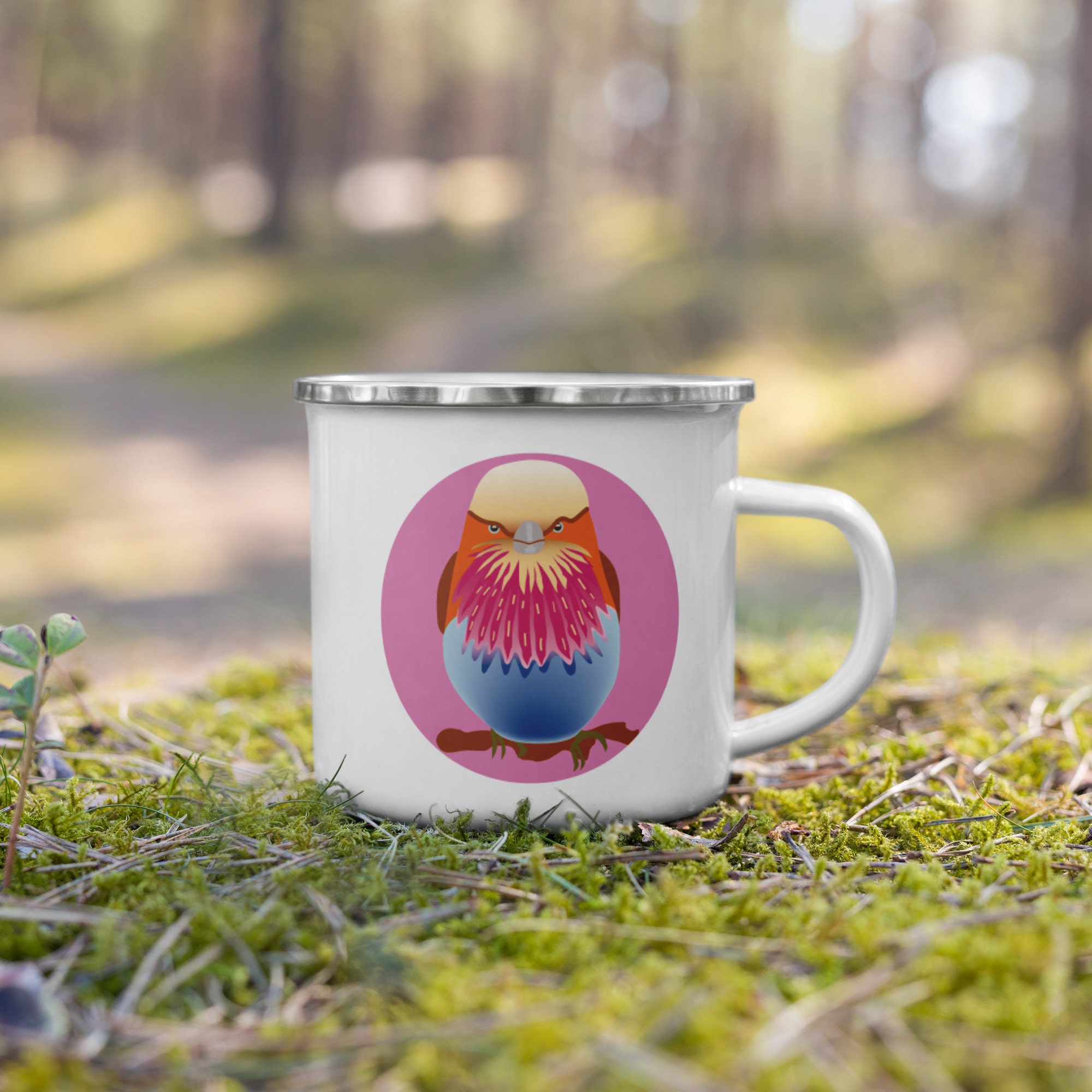 Idée Cadeau Pour Elle, Lui, Mug Émaillé Coloré avec Oiseau Camping, Tasse Randonnée ou Voyage 350Ml,