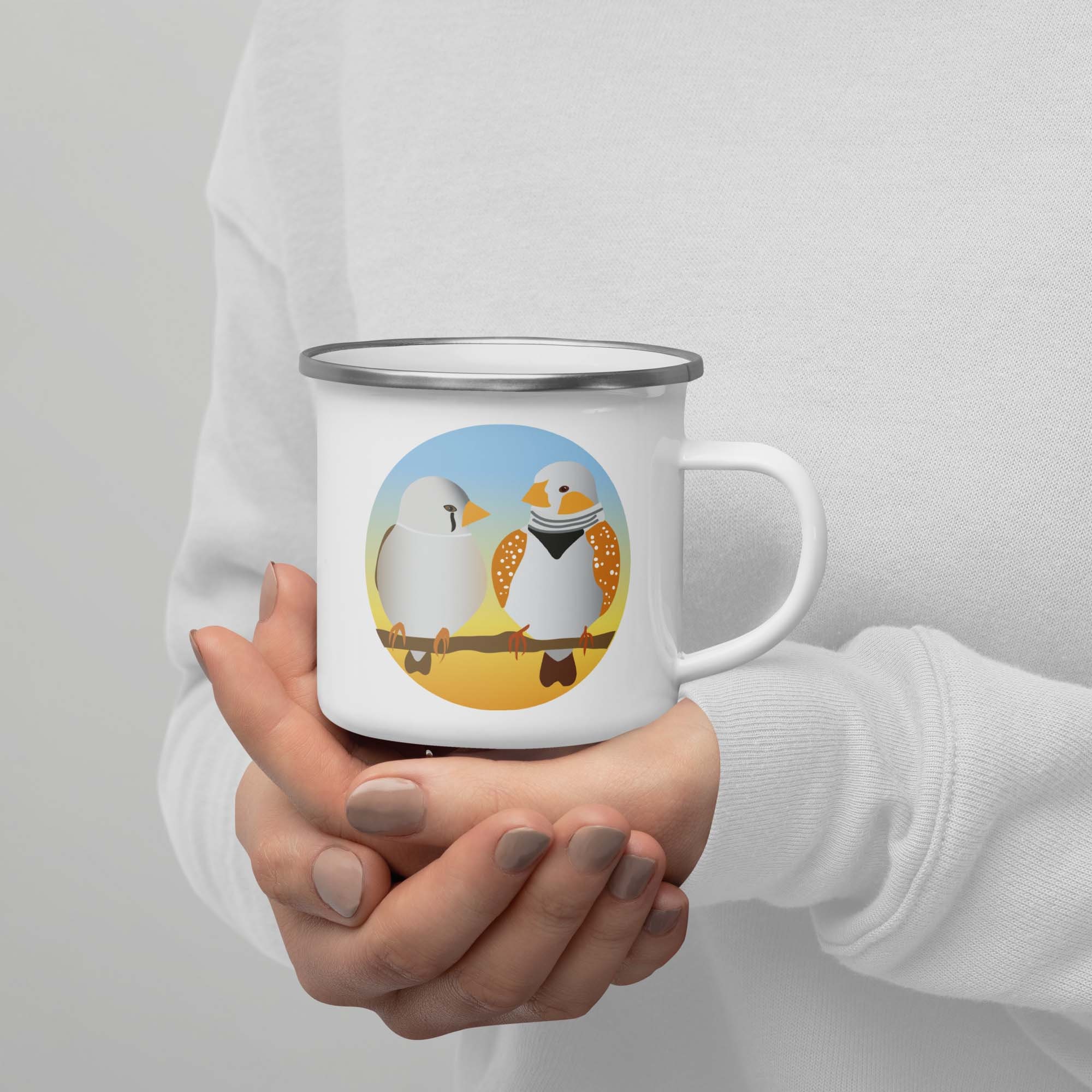 Idée Cadeau Pour Elle Lui, Mariage, Mug Émaillé Coloré avec Oiseau Camping, Tasse à Café ou Thé Rand