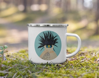 Mug émaillé coloré avec un oiseau amusant imprimé, pour le camping, la randonnée ou les voyages